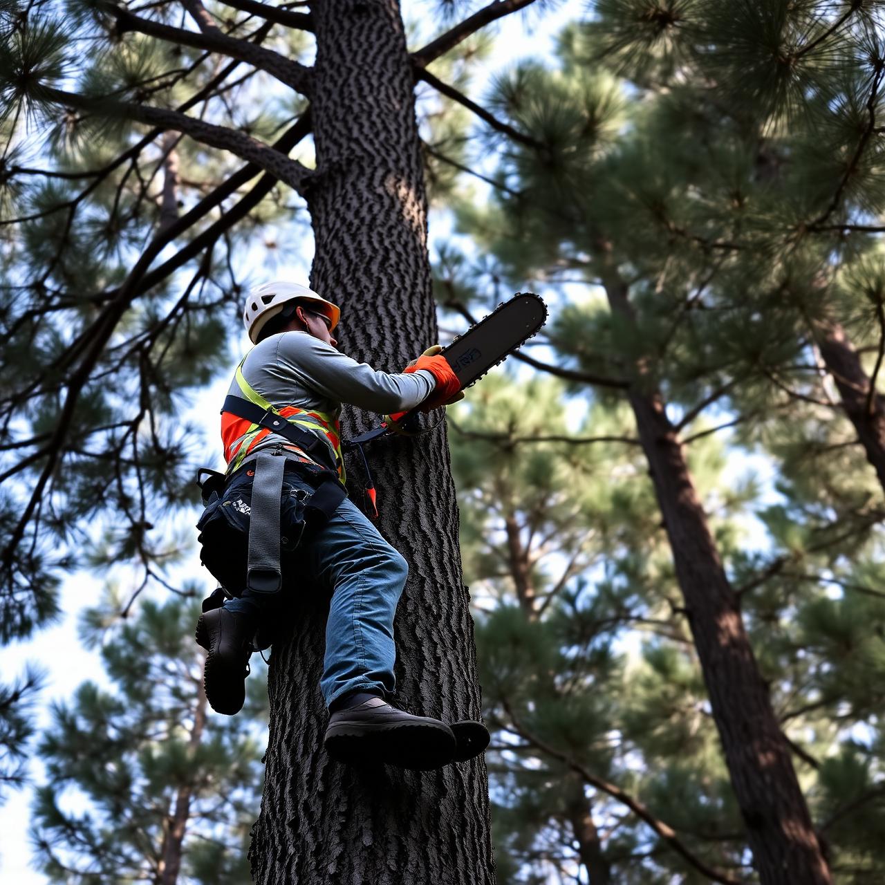 Certified arborist climbing a pine for emergency tree work